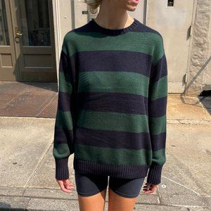 green and navy striped sweater